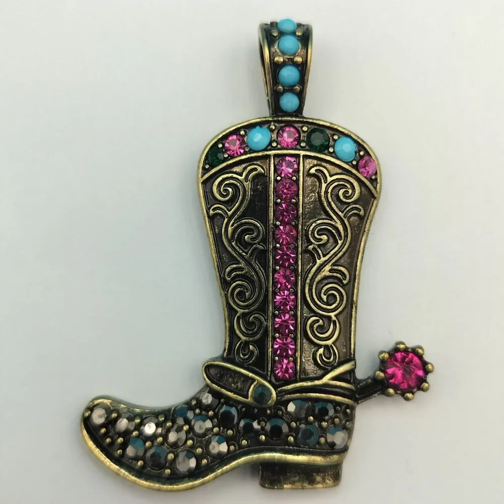 Western Cowboy Boot Pendant Rhinestone Antique Gold Tone Charm 2